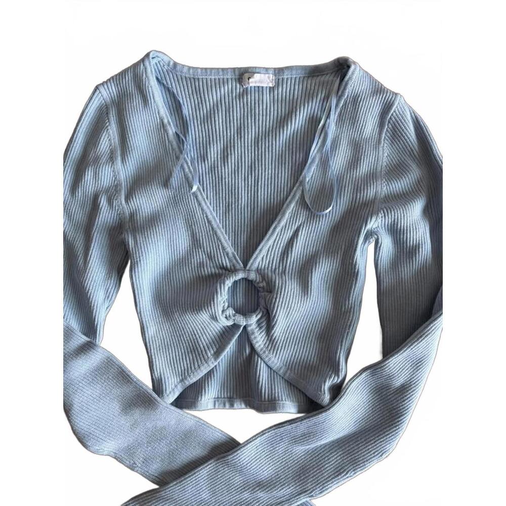 Garage Ribbed Blue Circle Cropped Long-Sleeve Shirt, w/ Circle Detail - Size XXS - Picture 1 of 4